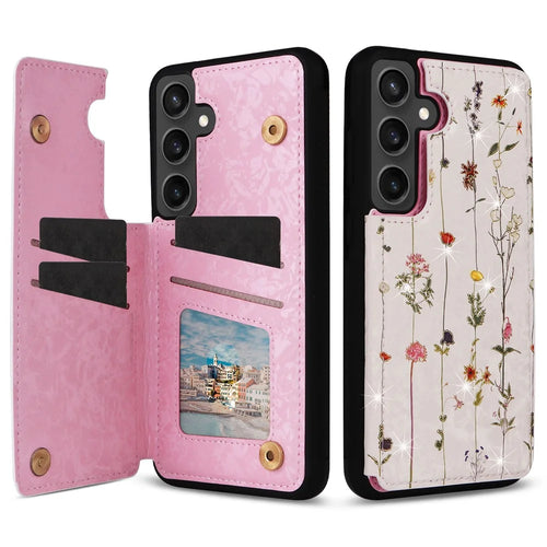 For Samsung Galaxy S24 FE Case Flower Leather+TPU RFID Blocking Phone Cover Card Slots - Dried Flower - 1