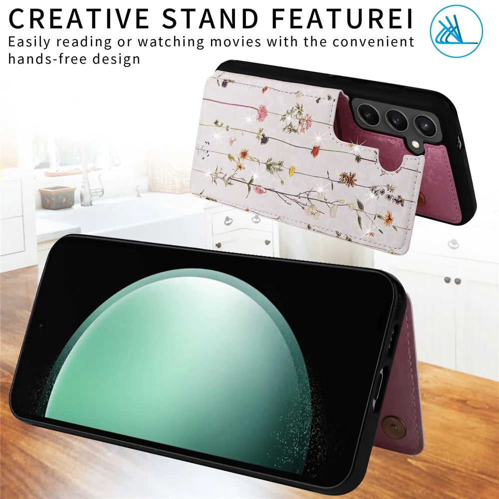 For Samsung Galaxy S24 FE Case Flower Leather+TPU RFID Blocking Phone Cover Card Slots - Dried Flower - 3