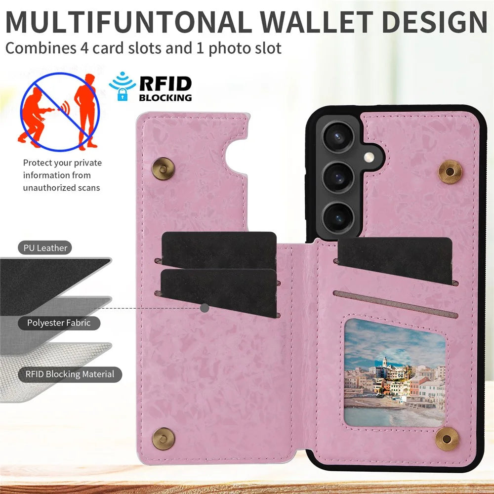 For Samsung Galaxy S24 FE Case Flower Leather+TPU RFID Blocking Phone Cover Card Slots - Dried Flower - 4
