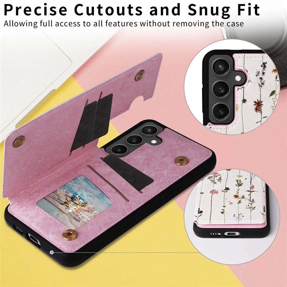 For Samsung Galaxy S24 FE Case Flower Leather+TPU RFID Blocking Phone Cover Card Slots - Dried Flower - 6