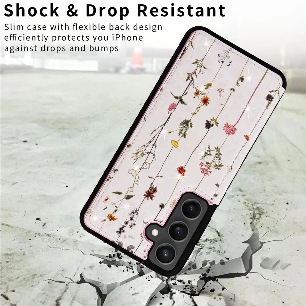 For Samsung Galaxy S24 FE Case Flower Leather+TPU RFID Blocking Phone Cover Card Slots - Dried Flower - 7