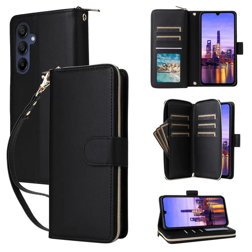 R20 For Samsung Galaxy A16 5G / A16 4G Case Zipper Pocket PU Leather Cover with 9 Card Slots - Black - 1