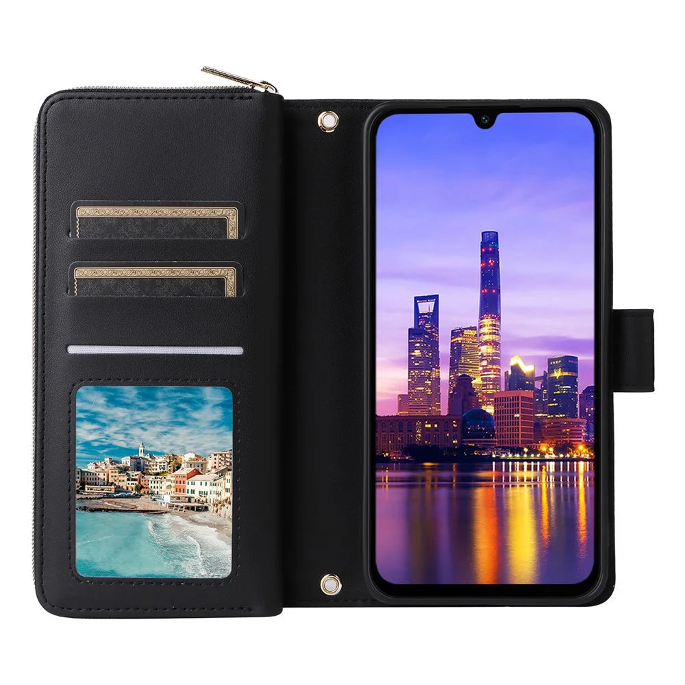 R20 For Samsung Galaxy A16 5G / A16 4G Case Zipper Pocket PU Leather Cover with 9 Card Slots - Black - 2