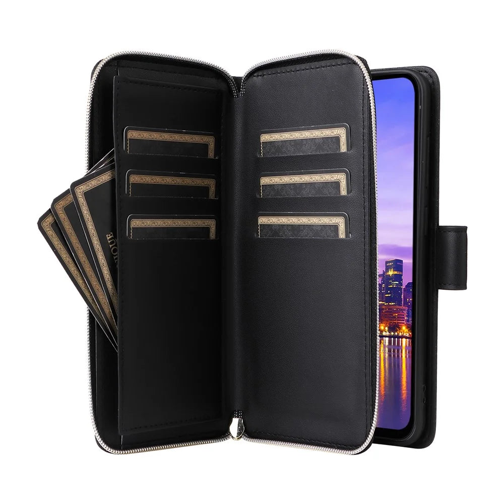 R20 For Samsung Galaxy A16 5G / A16 4G Case Zipper Pocket PU Leather Cover with 9 Card Slots - Black - 3
