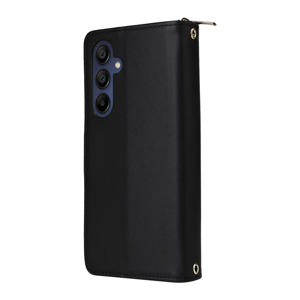 R20 For Samsung Galaxy A16 5G / A16 4G Case Zipper Pocket PU Leather Cover with 9 Card Slots - Black - 6