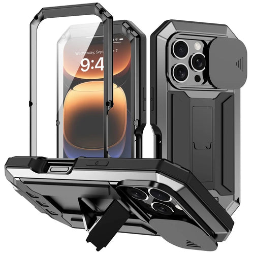 R-JUST For iPhone 16 Pro Kickstand Case Silicone+Metal+PC+Tempered Glass Screen Film Phone Cover -  Black - 1