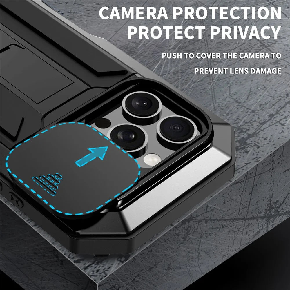 R-JUST For iPhone 16 Pro Kickstand Case Silicone+Metal+PC+Tempered Glass Screen Film Phone Cover -  Black - 2