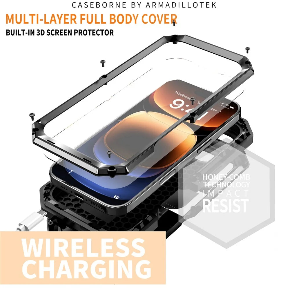 R-JUST For iPhone 16 Pro Kickstand Case Silicone+Metal+PC+Tempered Glass Screen Film Phone Cover -  Black - 3