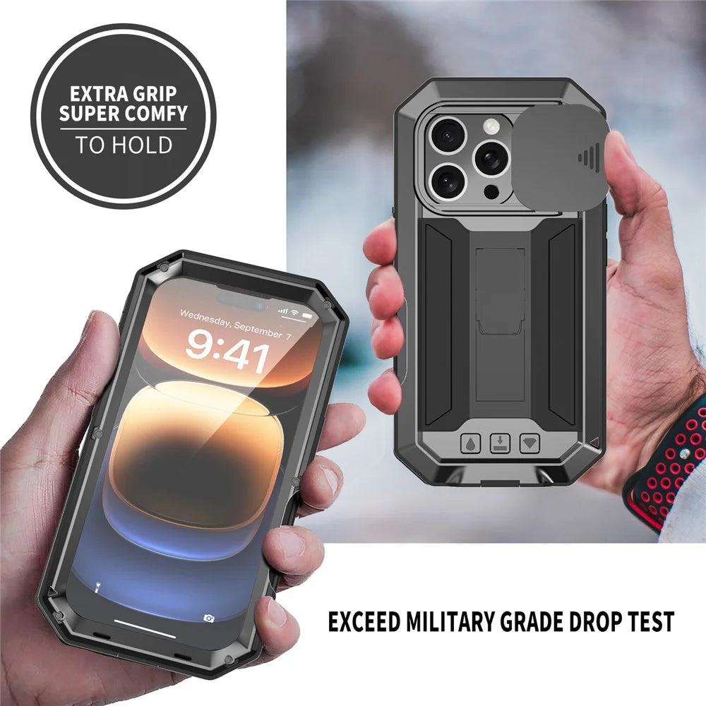 R-JUST For iPhone 16 Pro Kickstand Case Silicone+Metal+PC+Tempered Glass Screen Film Phone Cover -  Black - 6