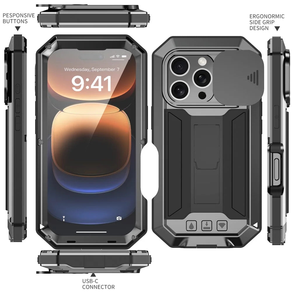 R-JUST For iPhone 16 Pro Kickstand Case Silicone+Metal+PC+Tempered Glass Screen Film Phone Cover -  Black - 7