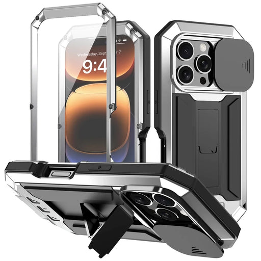 R-JUST For iPhone 16 Pro Max Kickstand Case Silicone+Metal+PC+Tempered Glass Screen Film Phone Cover - Silver - 1