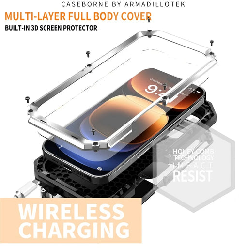 R-JUST For iPhone 16 Pro Max Kickstand Case Silicone+Metal+PC+Tempered Glass Screen Film Phone Cover - Silver - 2