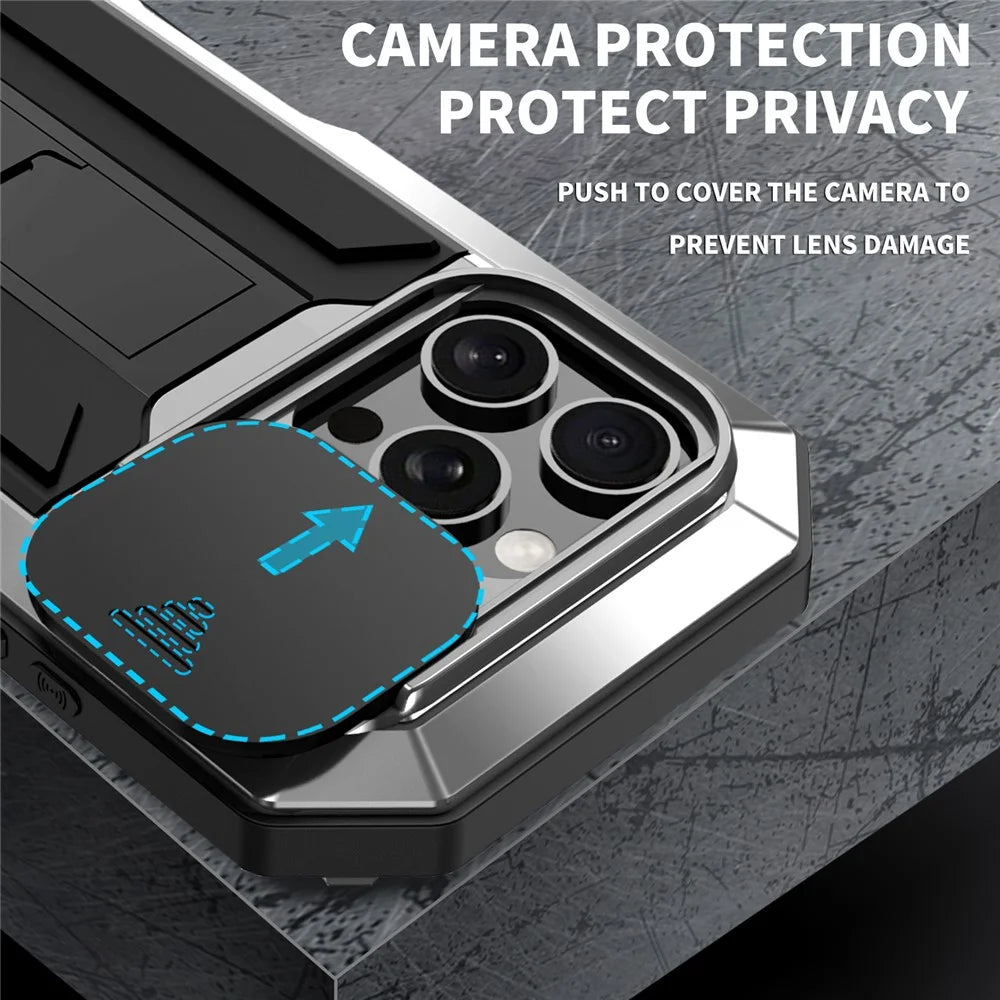 R-JUST For iPhone 16 Pro Max Kickstand Case Silicone+Metal+PC+Tempered Glass Screen Film Phone Cover - Silver - 3