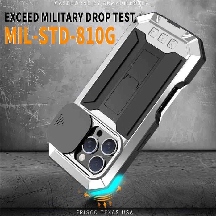 R-JUST For iPhone 16 Pro Max Kickstand Case Silicone+Metal+PC+Tempered Glass Screen Film Phone Cover - Silver - 4