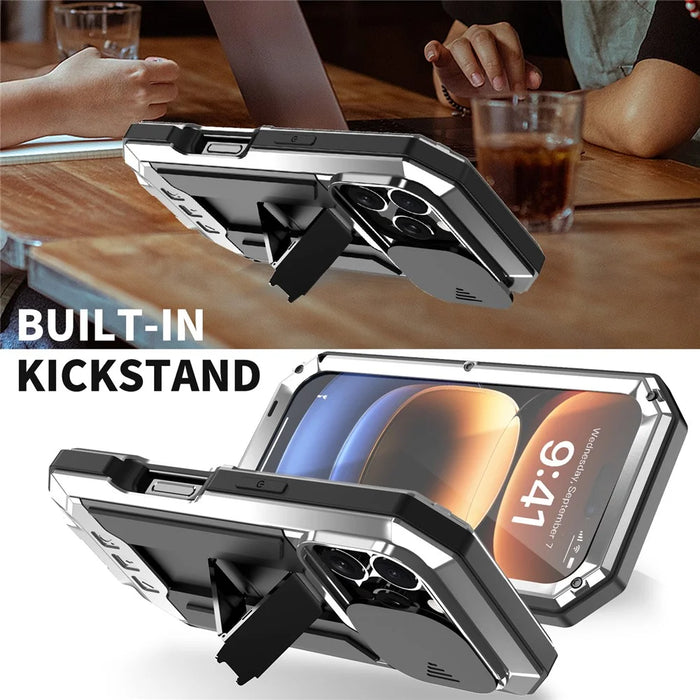 R-JUST For iPhone 16 Pro Max Kickstand Case Silicone+Metal+PC+Tempered Glass Screen Film Phone Cover - Silver - 5