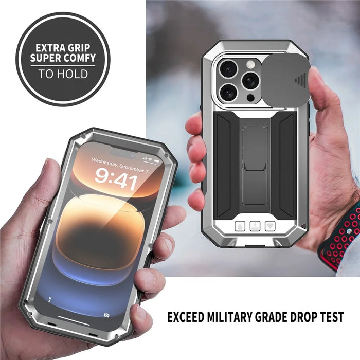 R-JUST For iPhone 16 Pro Max Kickstand Case Silicone+Metal+PC+Tempered Glass Screen Film Phone Cover - Silver - 6