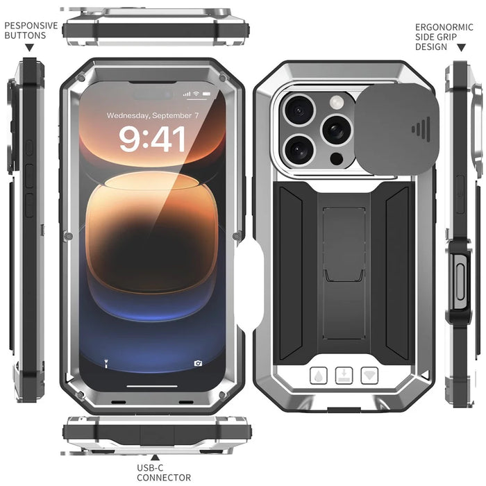 R-JUST For iPhone 16 Pro Max Kickstand Case Silicone+Metal+PC+Tempered Glass Screen Film Phone Cover - Silver - 7