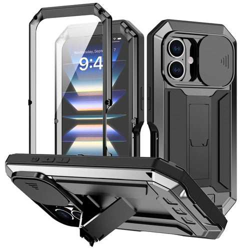 R-JUST For iPhone 16 Plus Kickstand Case Silicone+Metal+PC+Tempered Glass Screen Film Phone Cover - Black - 1