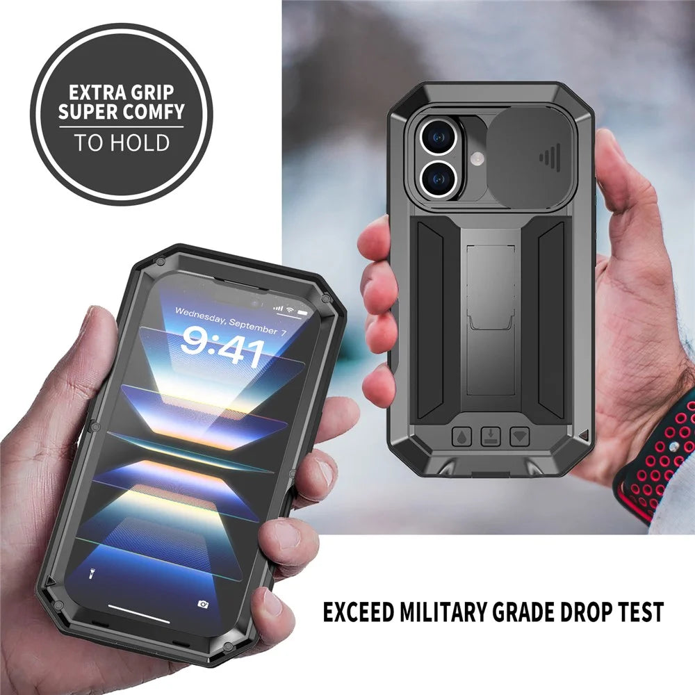 R-JUST For iPhone 16 Plus Kickstand Case Silicone+Metal+PC+Tempered Glass Screen Film Phone Cover - Black - 3