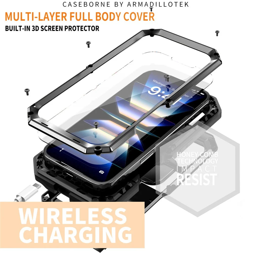 R-JUST For iPhone 16 Plus Kickstand Case Silicone+Metal+PC+Tempered Glass Screen Film Phone Cover - Black - 4