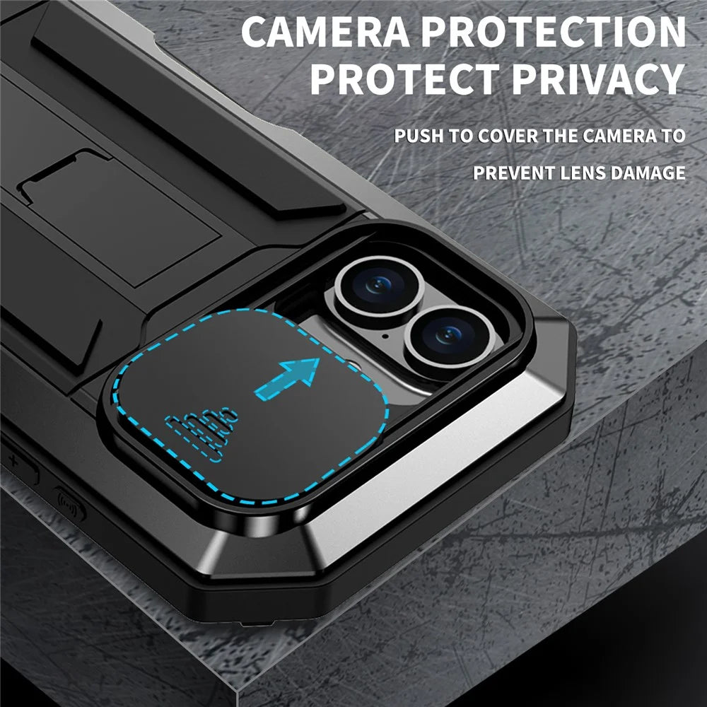 R-JUST For iPhone 16 Plus Kickstand Case Silicone+Metal+PC+Tempered Glass Screen Film Phone Cover - Black - 5