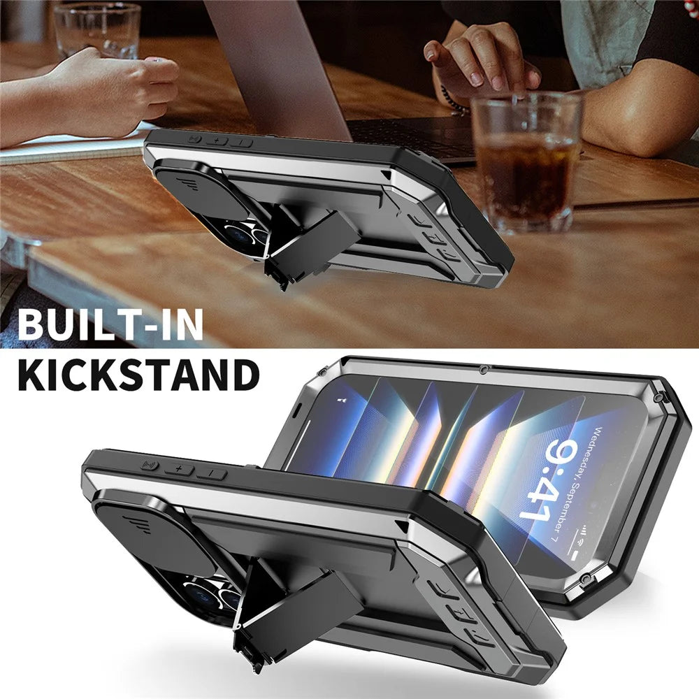 R-JUST For iPhone 16 Plus Kickstand Case Silicone+Metal+PC+Tempered Glass Screen Film Phone Cover - Black - 6