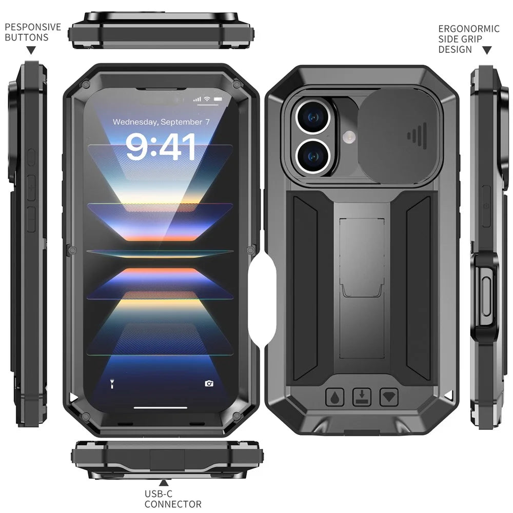 R-JUST For iPhone 16 Plus Kickstand Case Silicone+Metal+PC+Tempered Glass Screen Film Phone Cover - Black - 7