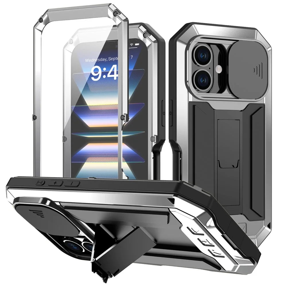 R-JUST For iPhone 16 Kickstand Case Silicone+Metal+PC+Tempered Glass Screen Film Phone Cover -  Silver - 1