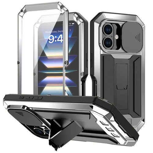 R-JUST For iPhone 16 Kickstand Case Silicone+Metal+PC+Tempered Glass Screen Film Phone Cover -  Silver - 1