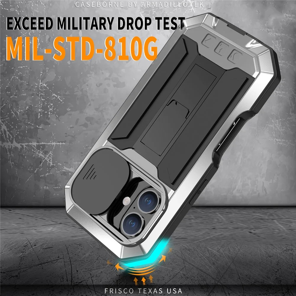 R-JUST For iPhone 16 Kickstand Case Silicone+Metal+PC+Tempered Glass Screen Film Phone Cover -  Silver - 2