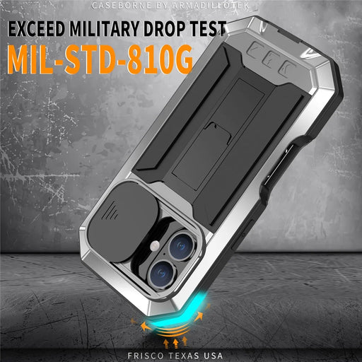 R-JUST For iPhone 16 Kickstand Case Silicone+Metal+PC+Tempered Glass Screen Film Phone Cover -  Silver - 2