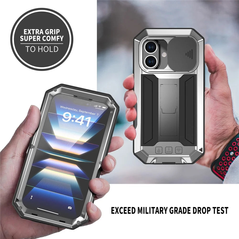 R-JUST For iPhone 16 Kickstand Case Silicone+Metal+PC+Tempered Glass Screen Film Phone Cover -  Silver - 3