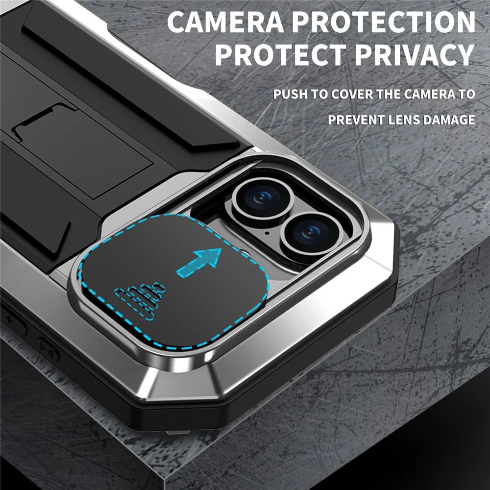 R-JUST For iPhone 16 Kickstand Case Silicone+Metal+PC+Tempered Glass Screen Film Phone Cover -  Silver - 5