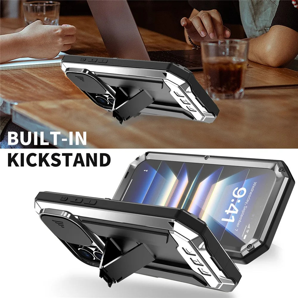 R-JUST For iPhone 16 Kickstand Case Silicone+Metal+PC+Tempered Glass Screen Film Phone Cover -  Silver - 6