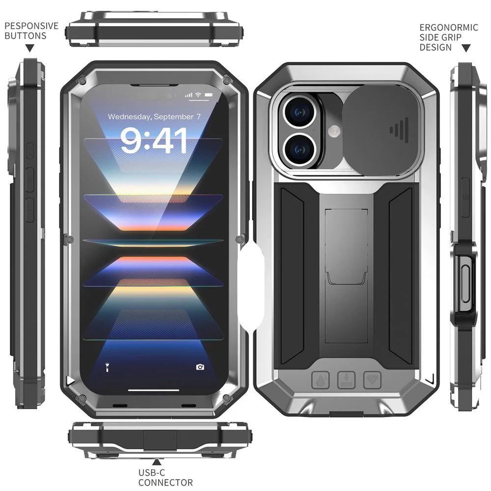 R-JUST For iPhone 16 Kickstand Case Silicone+Metal+PC+Tempered Glass Screen Film Phone Cover -  Silver - 7