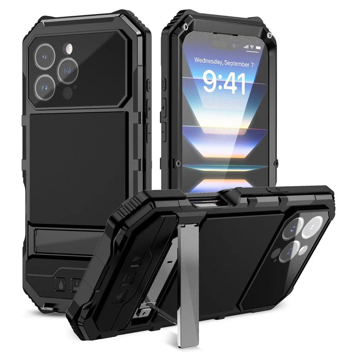 R-JUST For iPhone 16 Pro Max Case PC+Silicone+Metal Kickstand Phone Cover with Tempered Glass Film - Black - 1