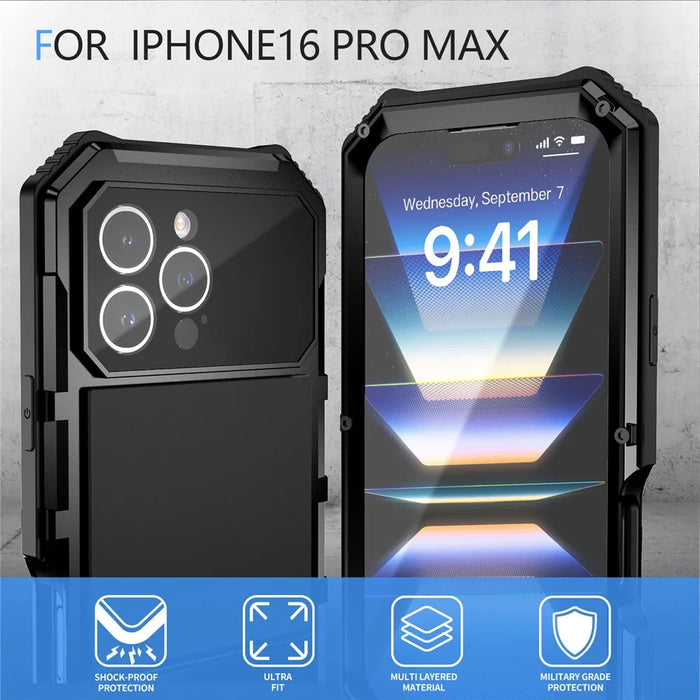 R-JUST For iPhone 16 Pro Max Case PC+Silicone+Metal Kickstand Phone Cover with Tempered Glass Film - Black - 3