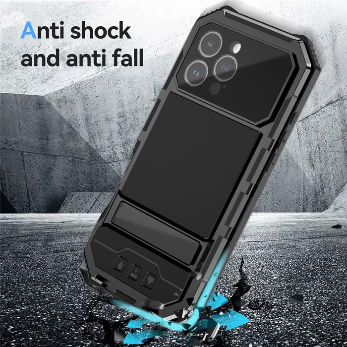 R-JUST For iPhone 16 Pro Max Case PC+Silicone+Metal Kickstand Phone Cover with Tempered Glass Film - Black - 5
