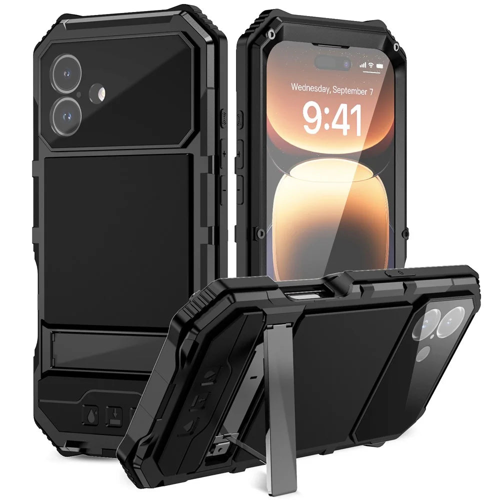 R-JUST For iPhone 16 Plus Case PC+Silicone+Metal Kickstand Phone Cover with Tempered Glass Film - Black - 1