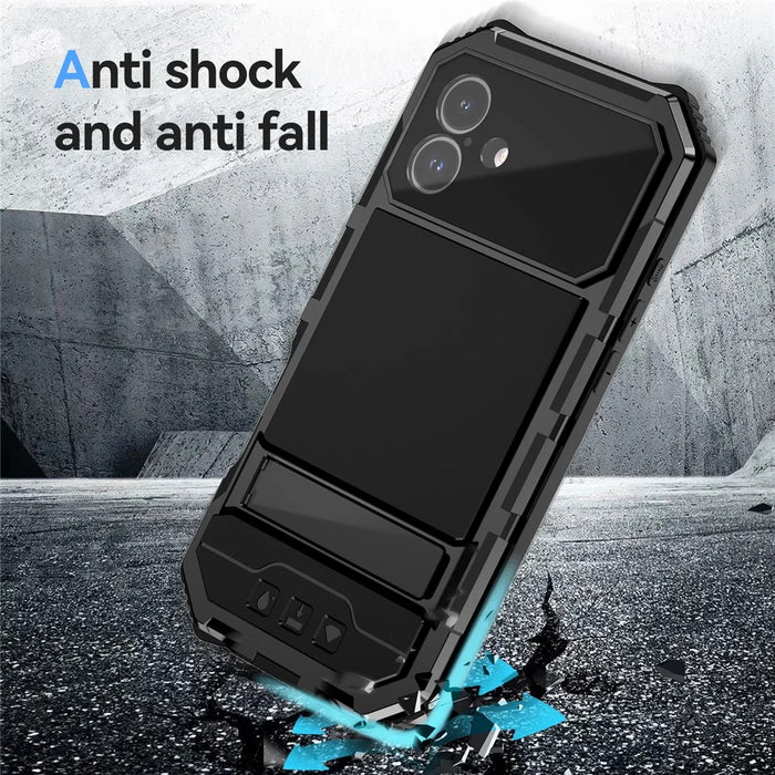 R-JUST For iPhone 16 Plus Case PC+Silicone+Metal Kickstand Phone Cover with Tempered Glass Film - Black - 4