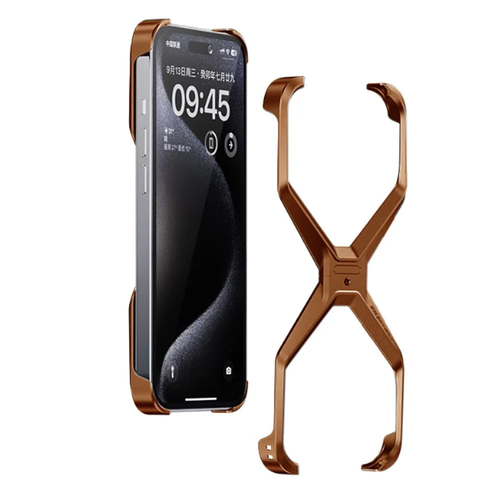 For iPhone 16 Bumper Case No Frame Aluminium Alloy X-Shape Phone Cover - Coffee - 1