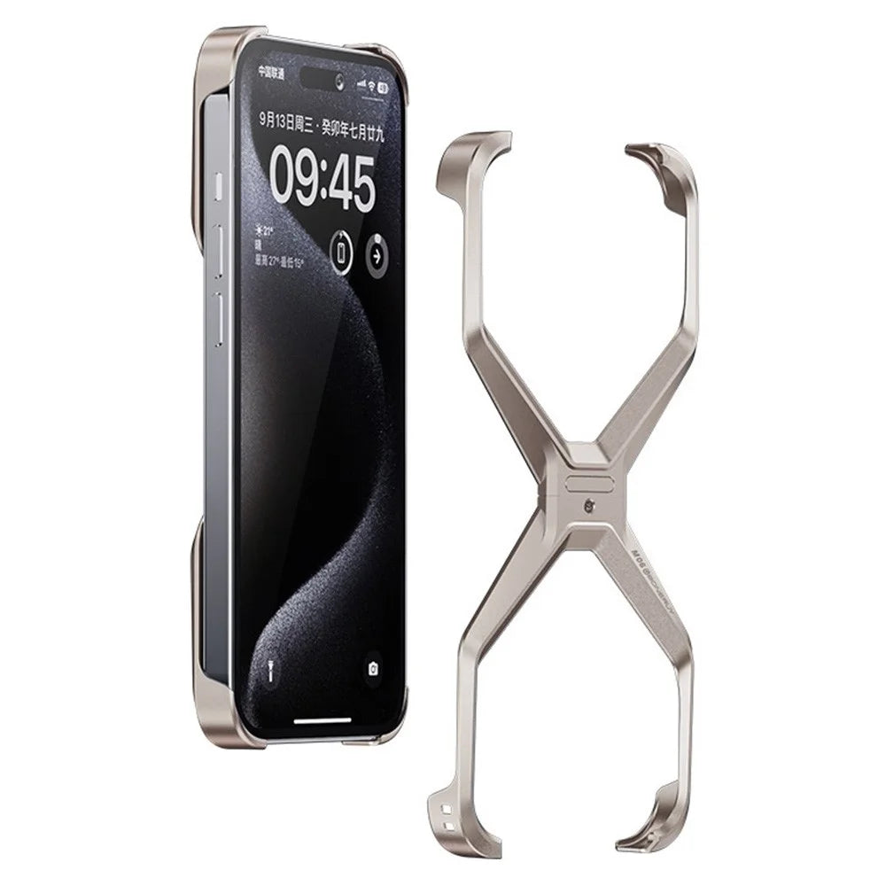 For iPhone 16 Pro Bumper Case No Frame Aluminium Alloy X-Shape Phone Cover - Titanium Gold - 1