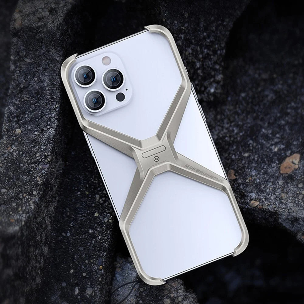 For iPhone 16 Pro Bumper Case No Frame Aluminium Alloy X-Shape Phone Cover - Titanium Gold - 3