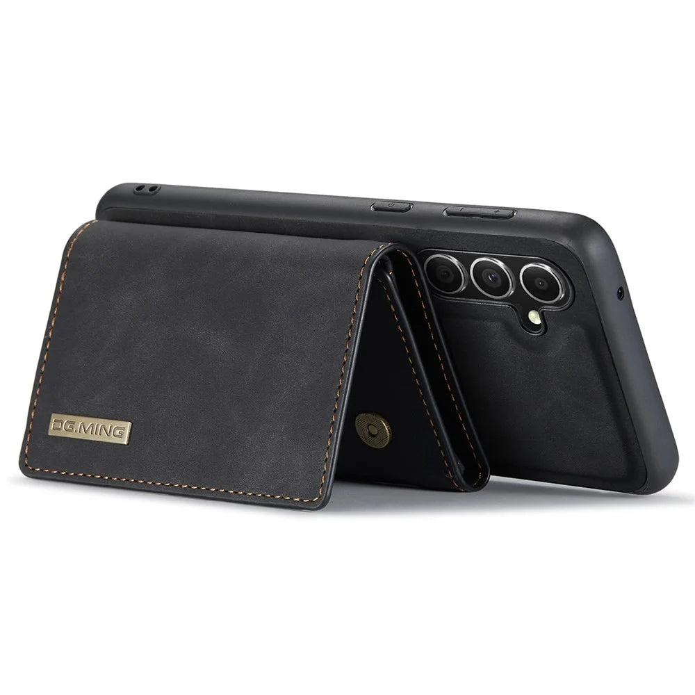 DG.MING M1 Series for Samsung Galaxy S24 FE Case Kickstand PU Phone Cover with Detachable Wallet - Black - 2