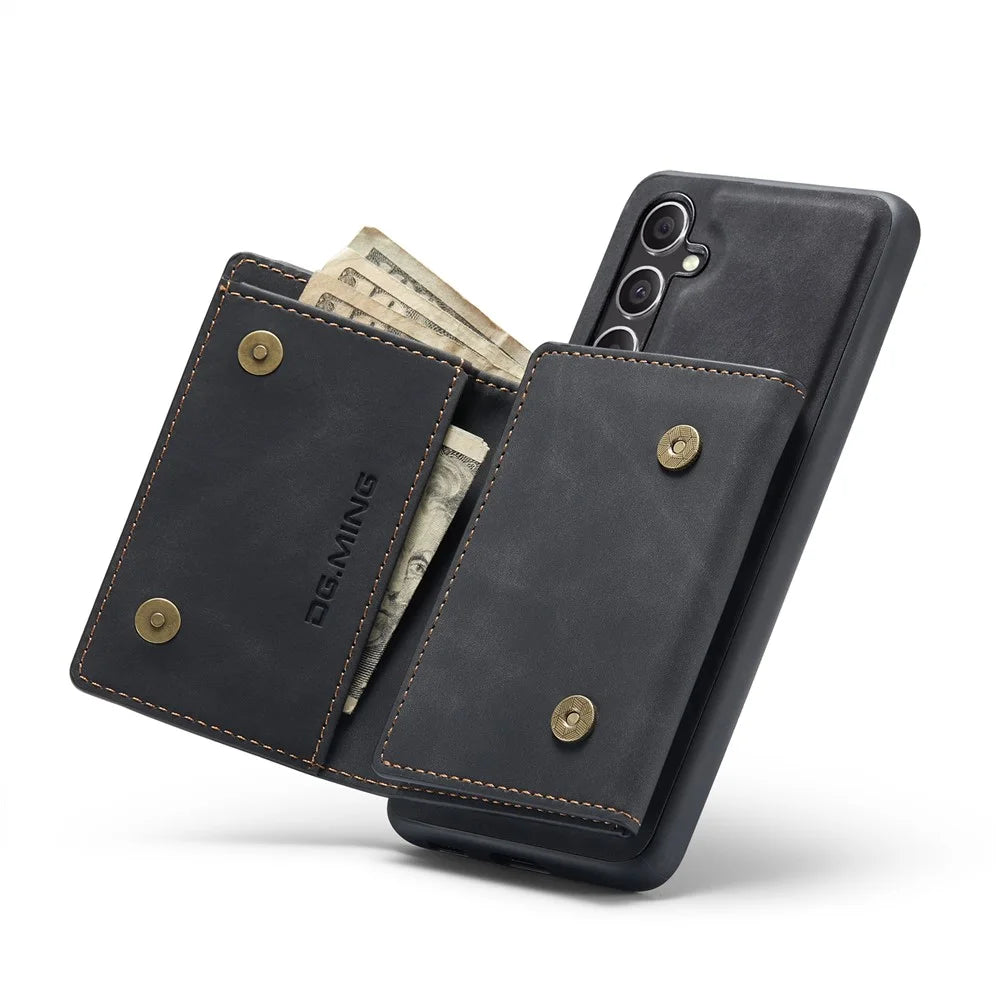 DG.MING M1 Series for Samsung Galaxy S24 FE Case Kickstand PU Phone Cover with Detachable Wallet - Black - 4