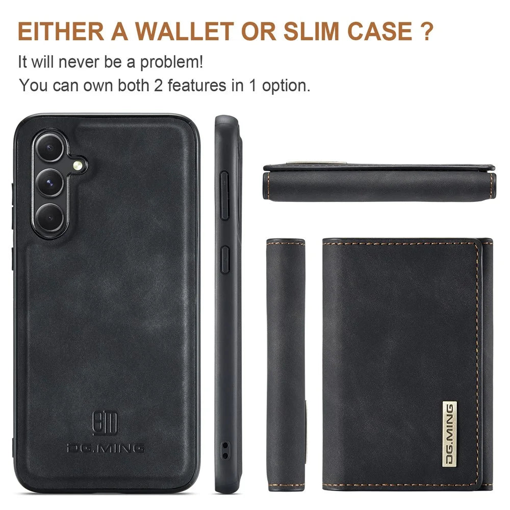 DG.MING M1 Series for Samsung Galaxy S24 FE Case Kickstand PU Phone Cover with Detachable Wallet - Black - 6