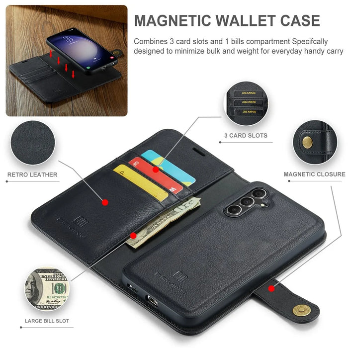 DG.MING for Samsung Galaxy S24 FE Case Detachable Split Leather Phone Cover - Black - 5