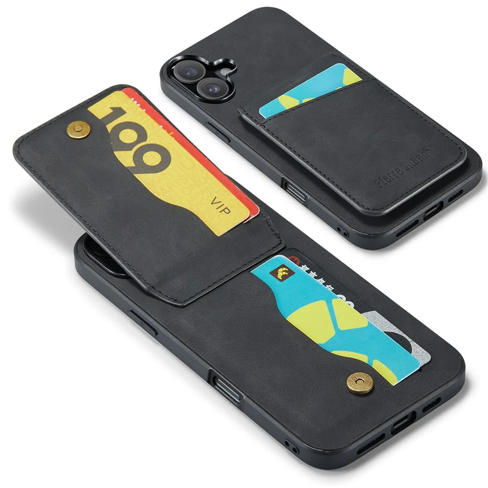 FIERRE SHANN 023 For iPhone 16 Plus Case Card Holder Kickstand Leather RFID Blocking Back Cover - Black - 5