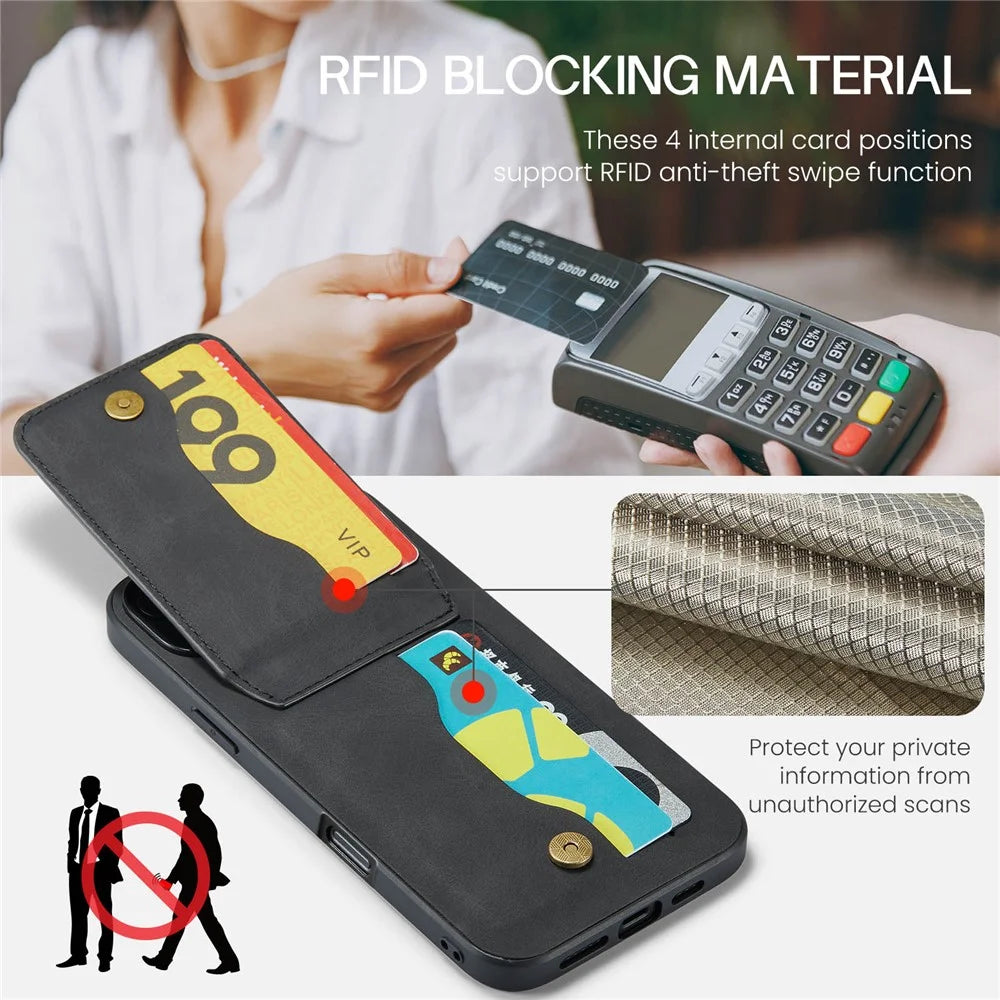 FIERRE SHANN 023 For iPhone 16 Plus Case Card Holder Kickstand Leather RFID Blocking Back Cover - Black - 7
