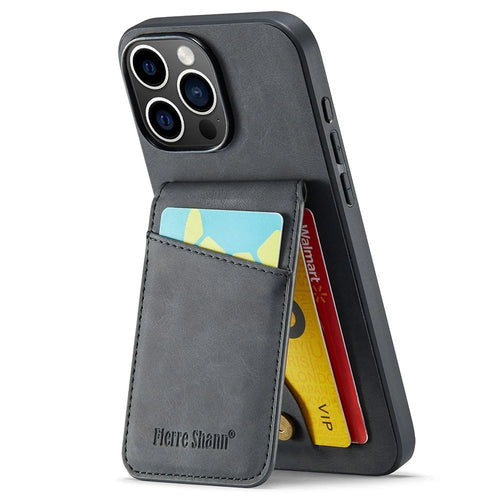 FIERRE SHANN 023 For iPhone 16 Pro Max Case Card Holder Kickstand Leather RFID Blocking Back Cover - Black - 1